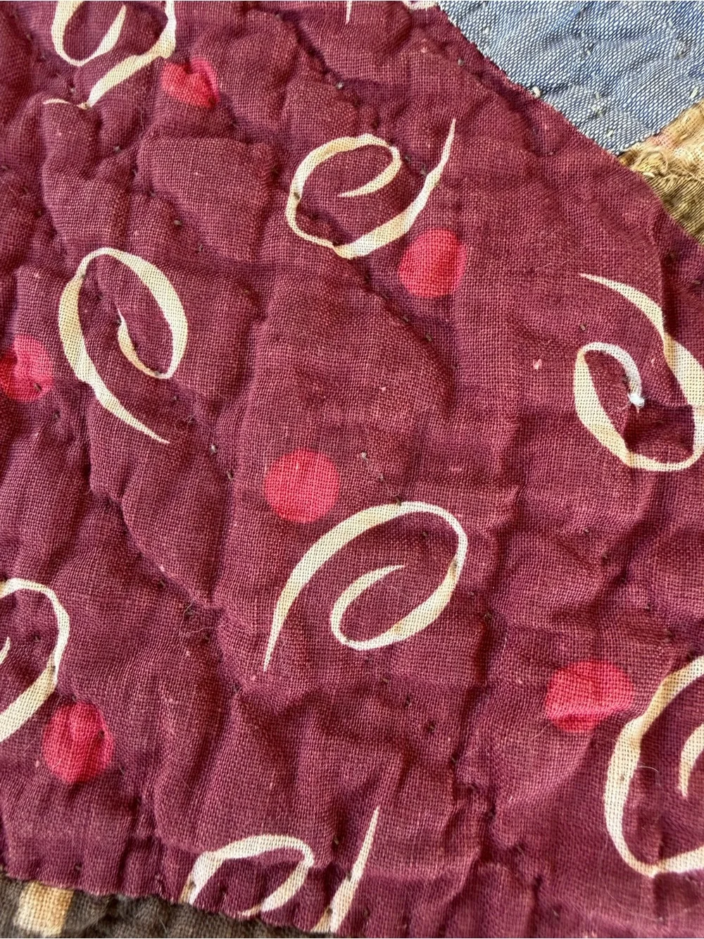 Vintage 4 Patch in Square Hand Sewn Quilt Brown Florals Earth Tones 70x76 CUTTER